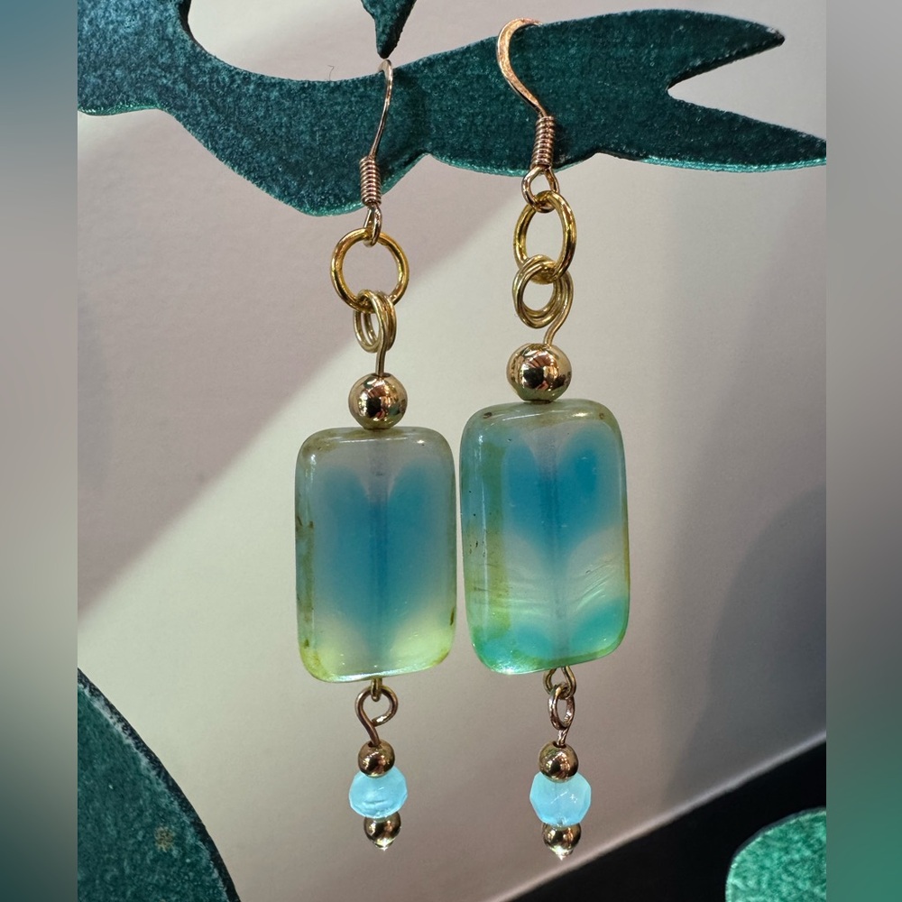 Blue Agate-Look Czech Glass Bead Drop Earrings w/ Crystal Dangles & Gold Tones